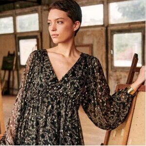 Sezane Evely Dress-Black with Gold metallic print 36